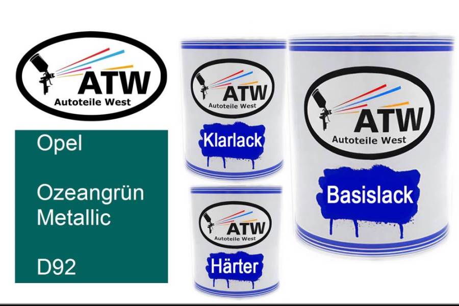 Opel, Ozeangrün Metallic, D92: 1L Lackdose + 1L Klarlack + 500ml Härter - Set, von ATW Autoteile West.